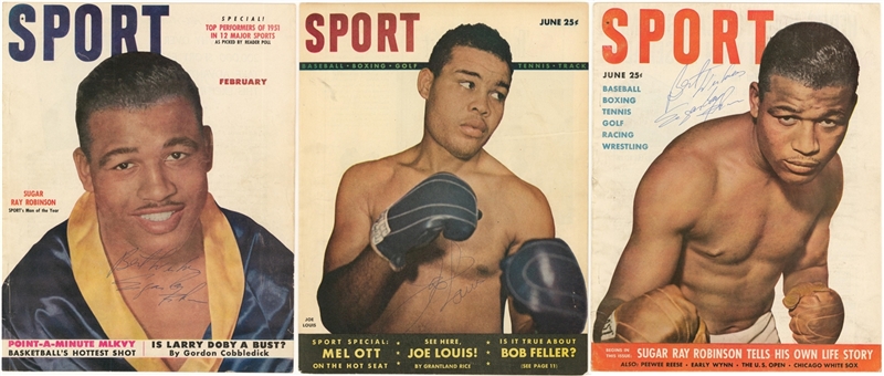Lot of (3) Sport Magazine Covers Signed By Sugar Ray Robinson (2) and Joe Louis (JSA)